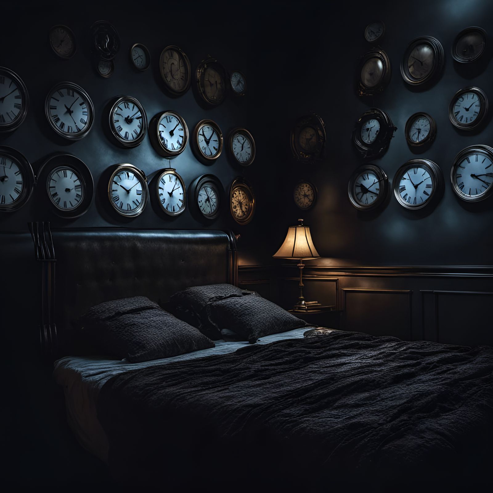 Hyperrealistic Bedroom with Clocks in Dark, Moody Style