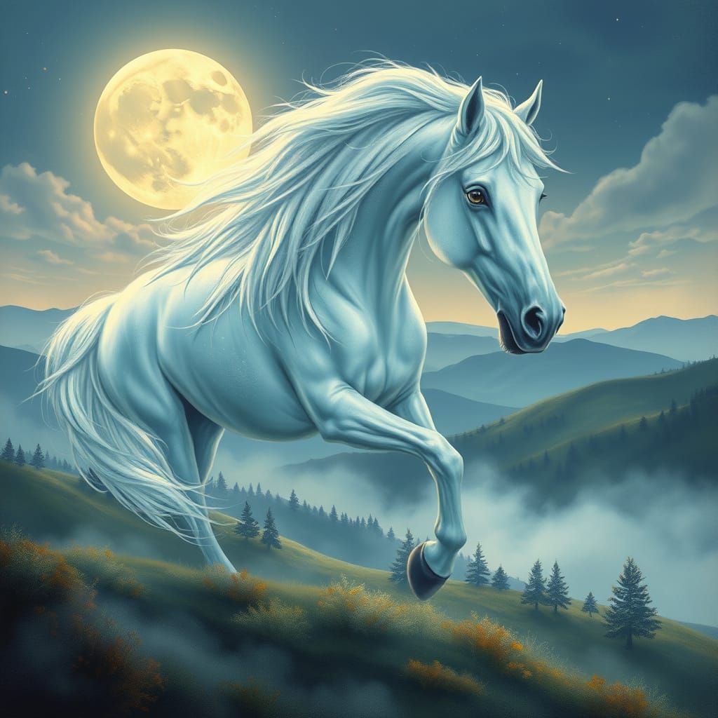 Ethereal Horse in a Dreamy, Moonlit Landscape