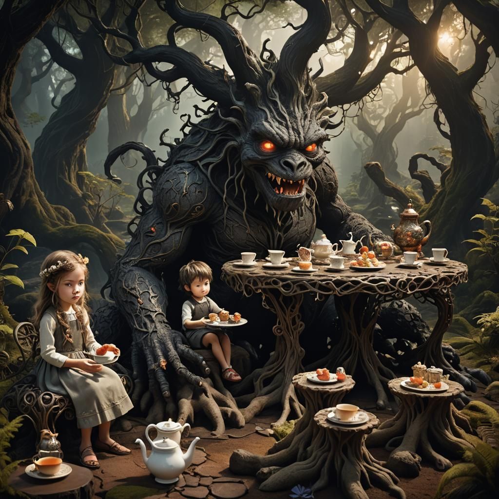 Child and Lava Monster Tea Party in Dark Fantasy Style