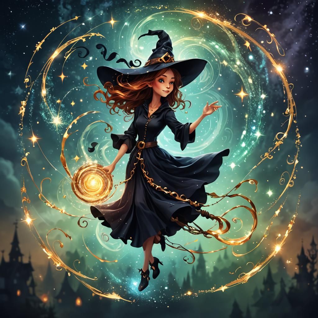 Enchanting Witch Conjuring Swirling Sparkling Magic
