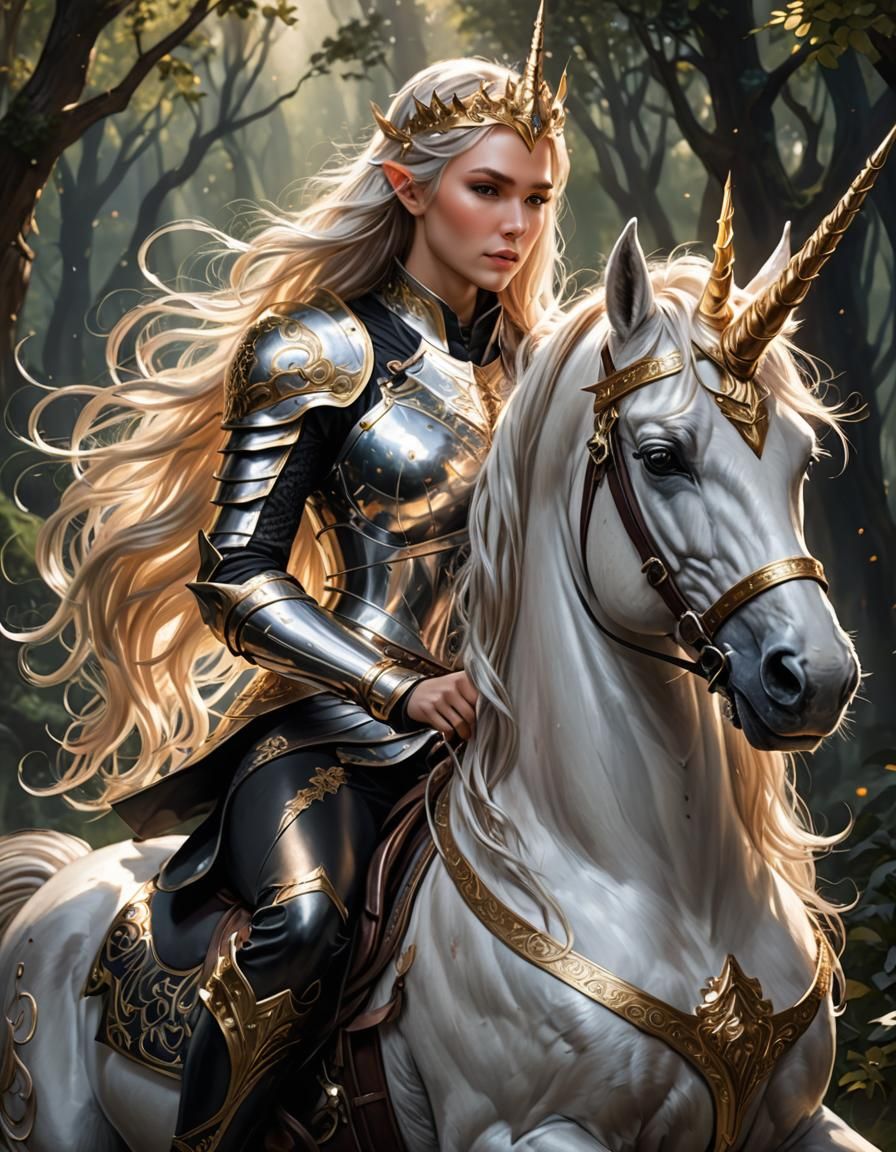 Elven Knight on Unicorn: Hyperdetailed Fantasy Portrait