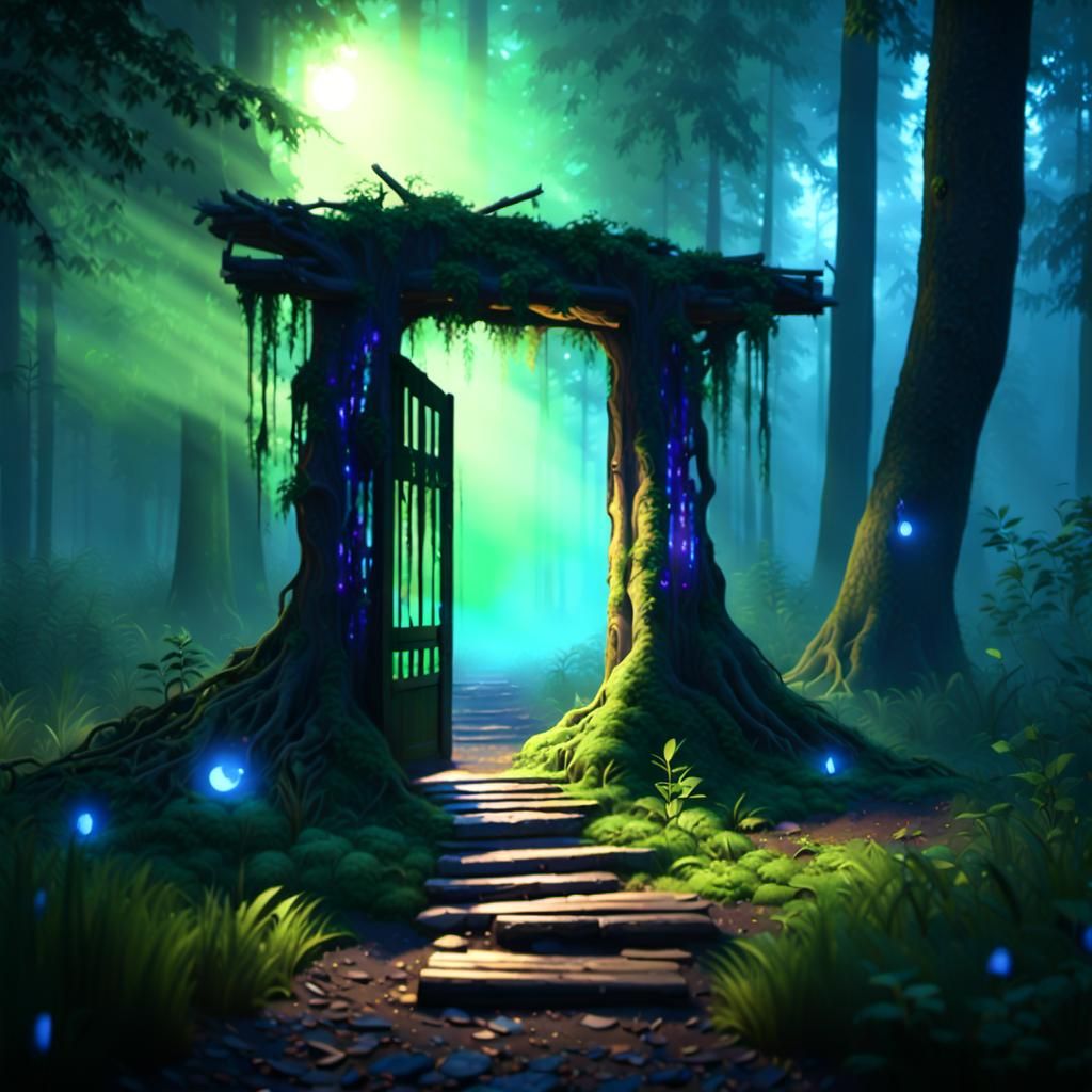 Mystical Doorway in Midnight Forest with Neon Fireflies