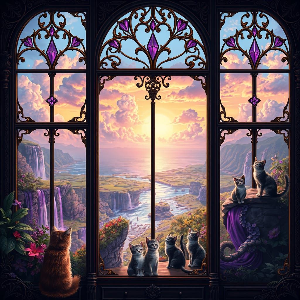 Whimsical Cat Paradise Through an Ornate Glass Window