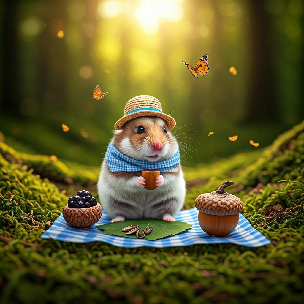 A photorealistic baby hamster wearing a tiny sunhat and blue...