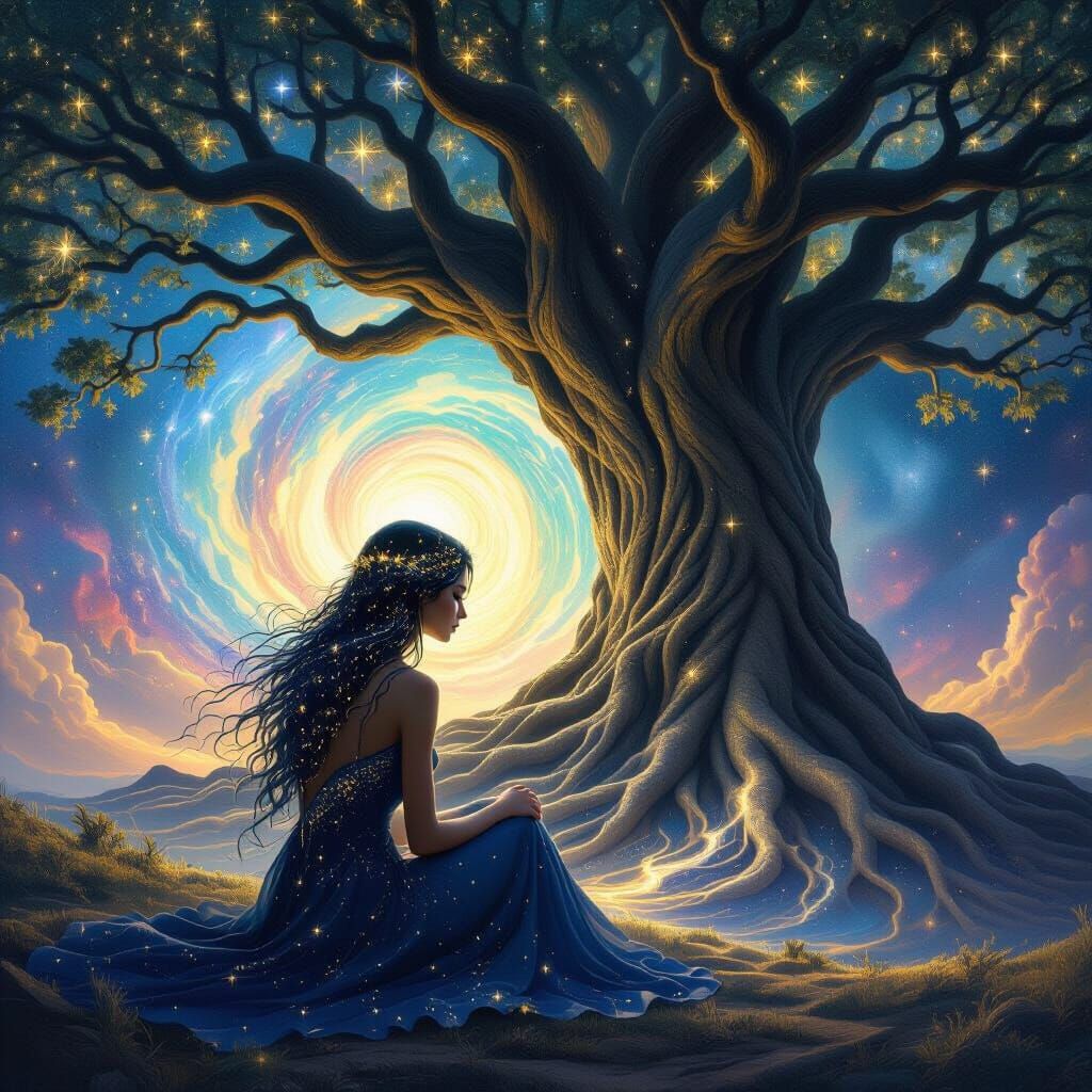 Starlight Woman Under Cosmic Tree