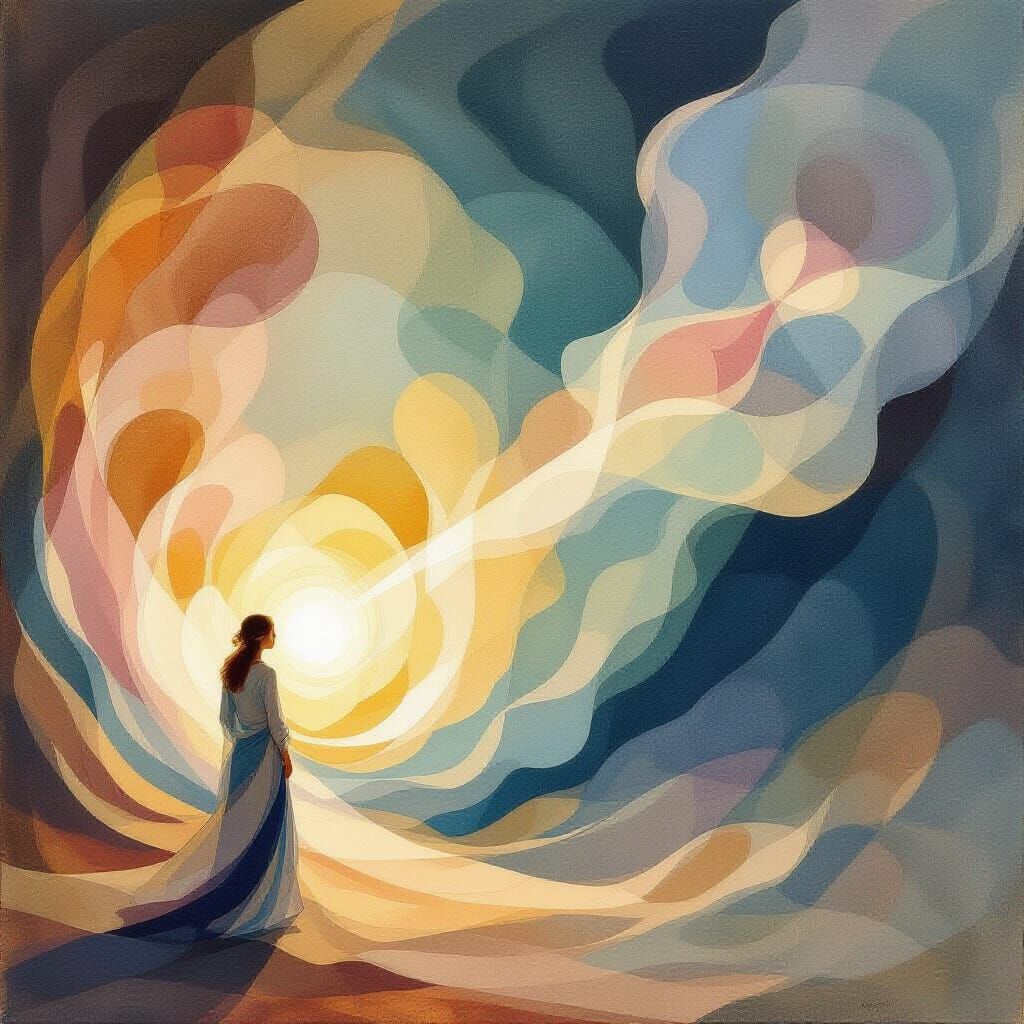 Abstract Present Moment Expands in Luminous Gouache Painting