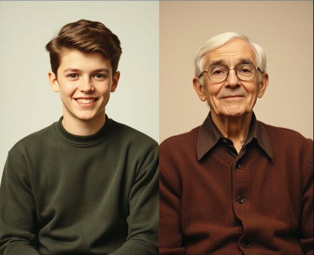 Split image. Two friends in their younger years and then much older. Norman Rockwell.