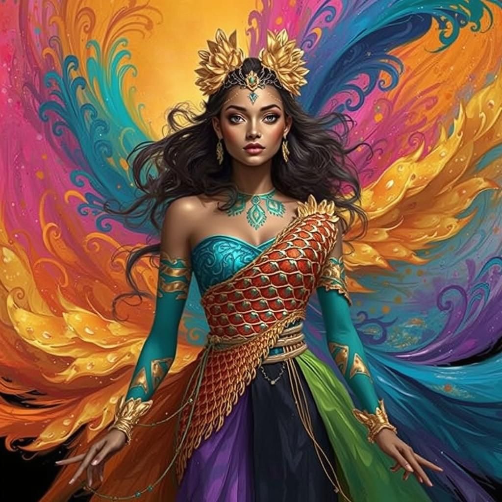 Dragon Peacock Woman in Abstract Fauvism Style