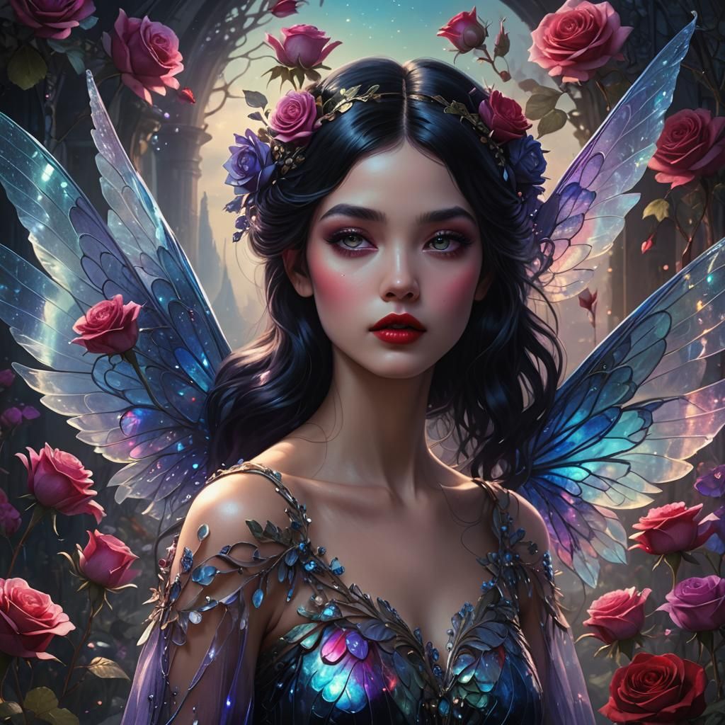 Luminescent Fairy with Iridescent Wings and Roses