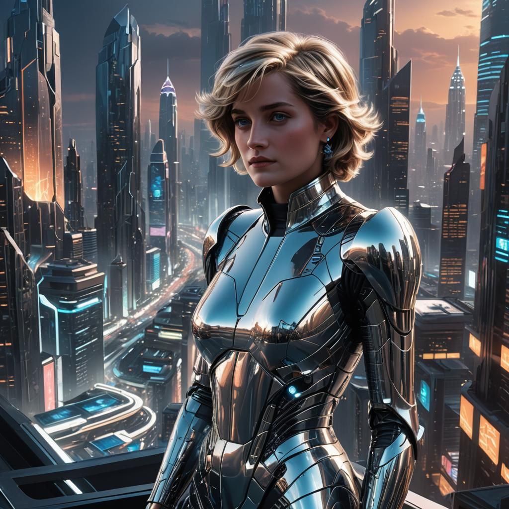 Lady Diana in Futuristic Cityscape: 3D Digital Art