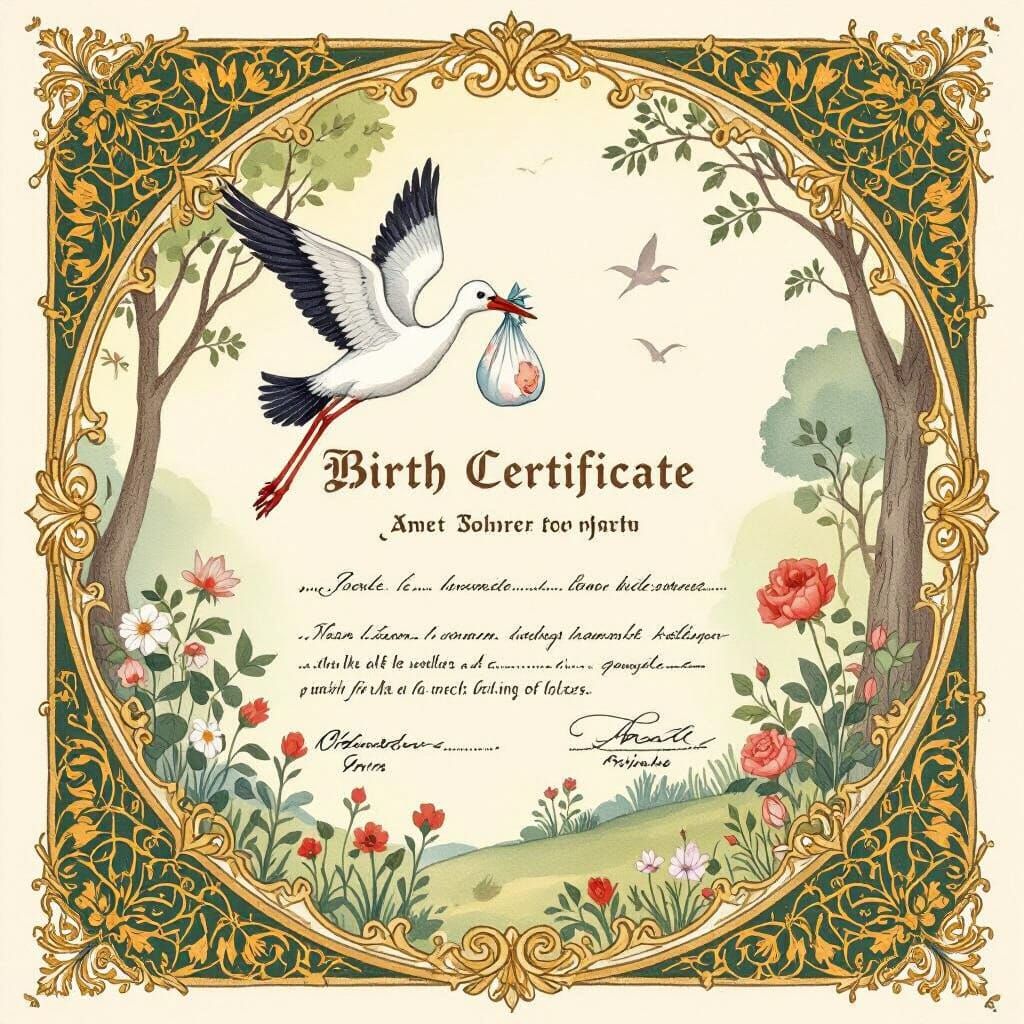 Fairytale Birth Certificate in Watercolor Style