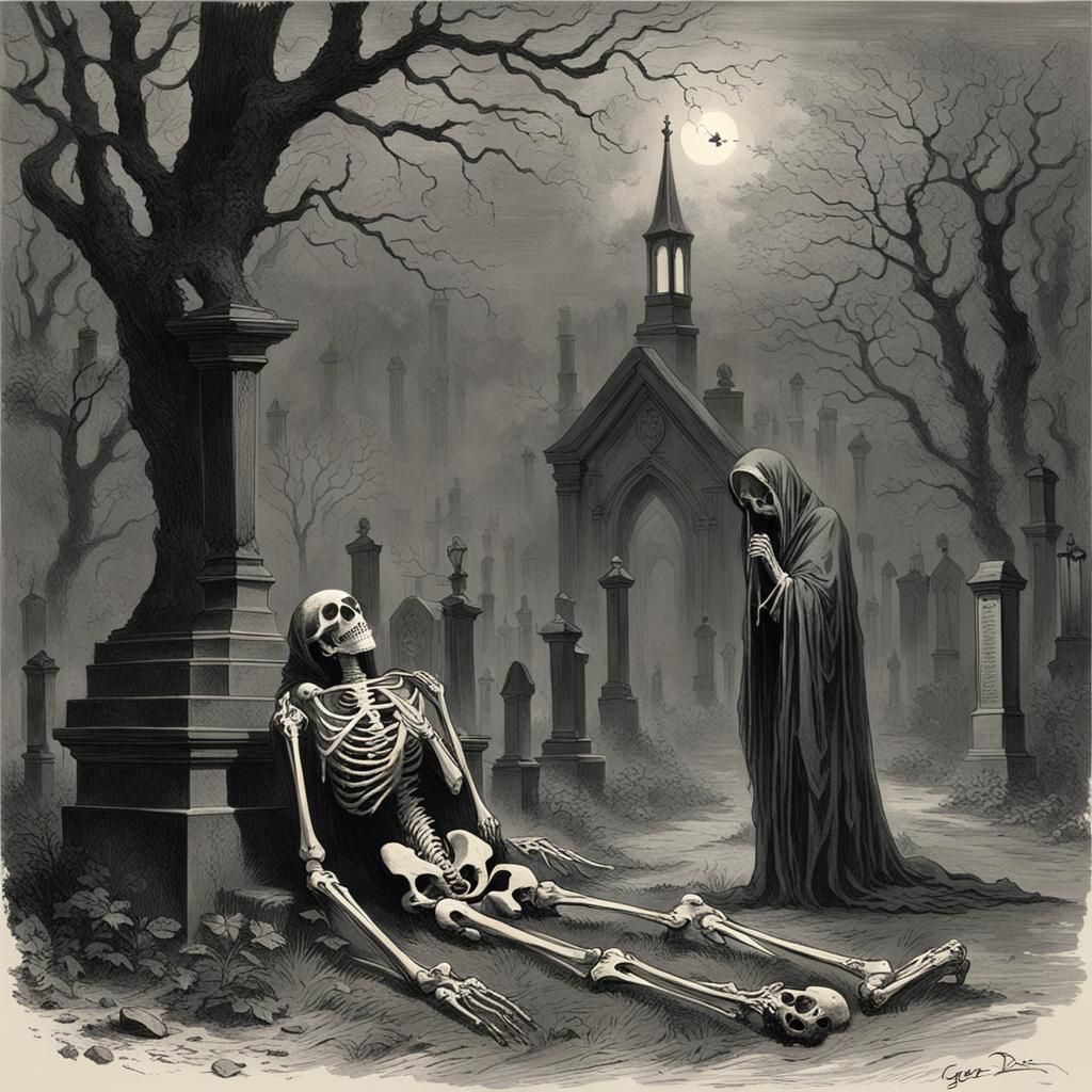 Skeleton Lady Weeping in Foggy Cemetery
