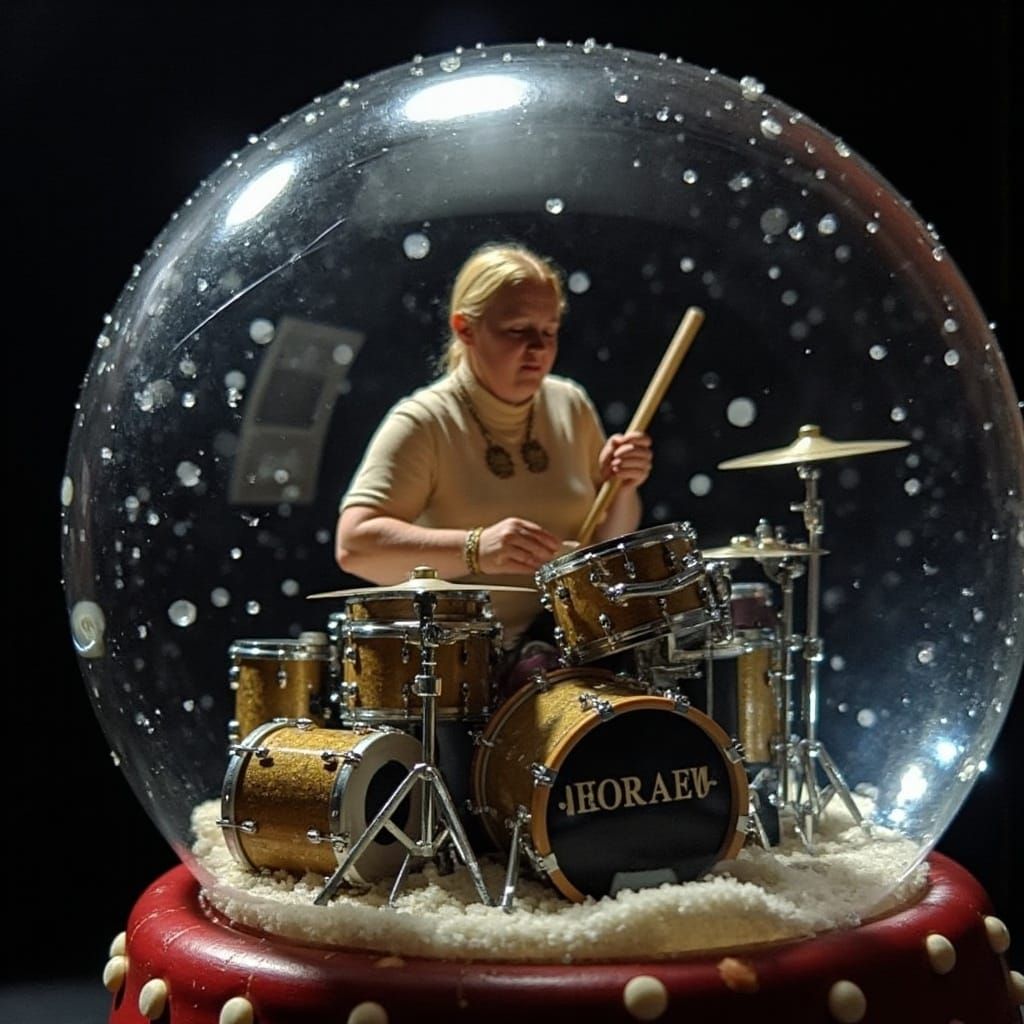Snow Globe Drummer: Detailed Maximalist Figurine