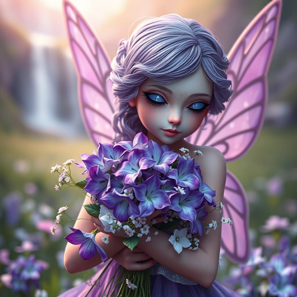 February Amethyst Fairy with Vibrant Bouquet in Art Nouveau....