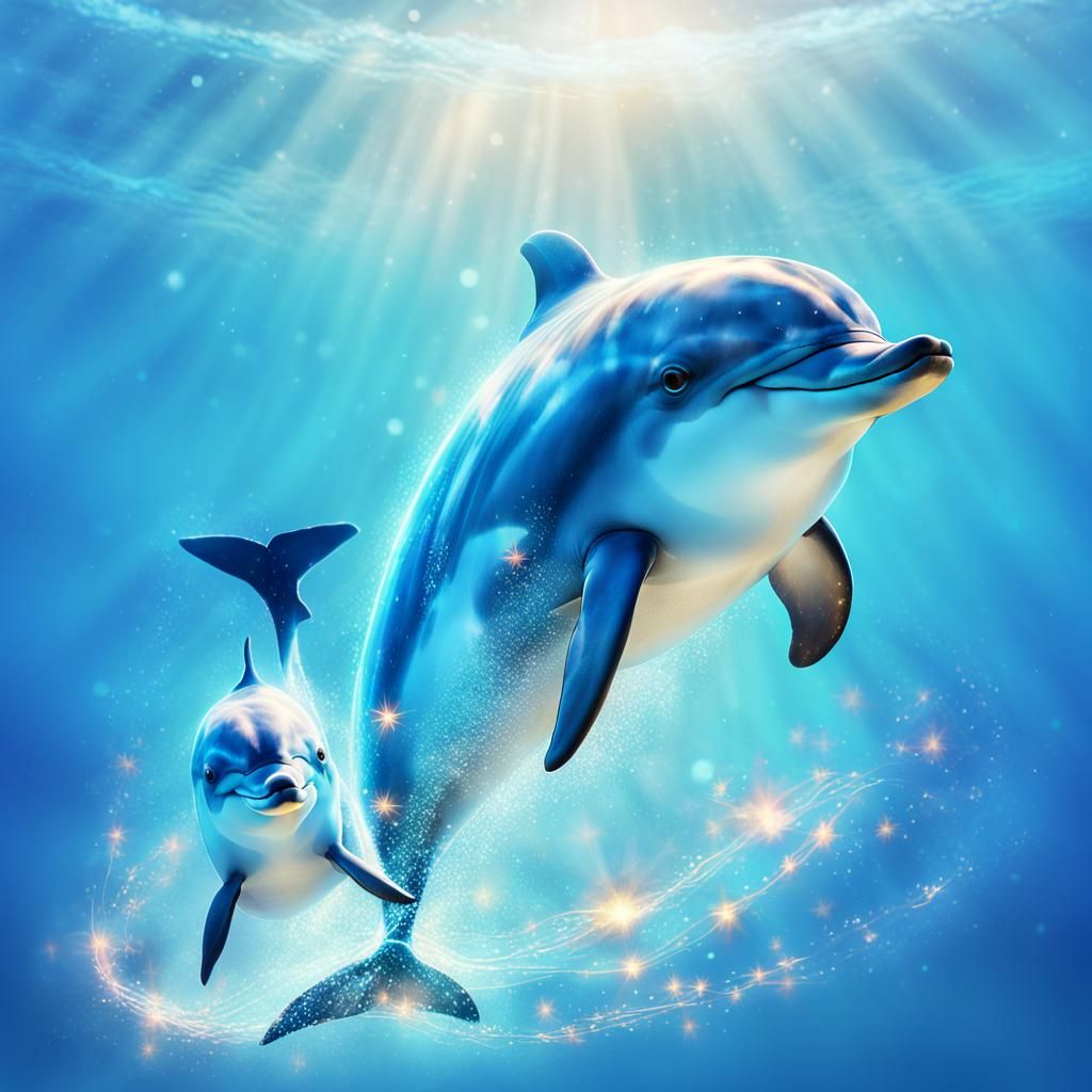 Glowing Double Exposure Dolphins Digital Illustration