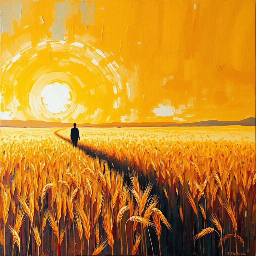 Sunlit Wheat Field: Expressionist Impasto Landscape