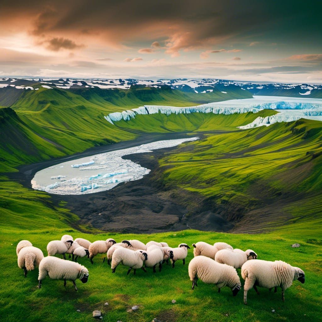 Icelandic Panorama with Sheep and Glacier