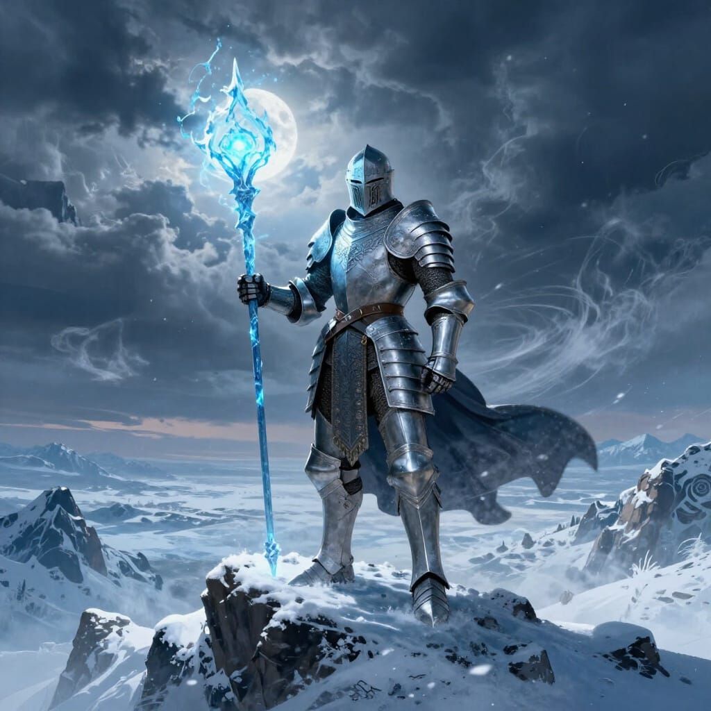 Gothic Warrior Wields Ice Magic on Mountain Peak