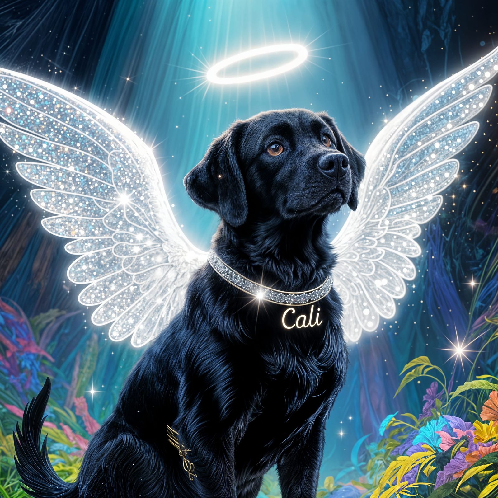Black Lab Angel With Glowing Wings