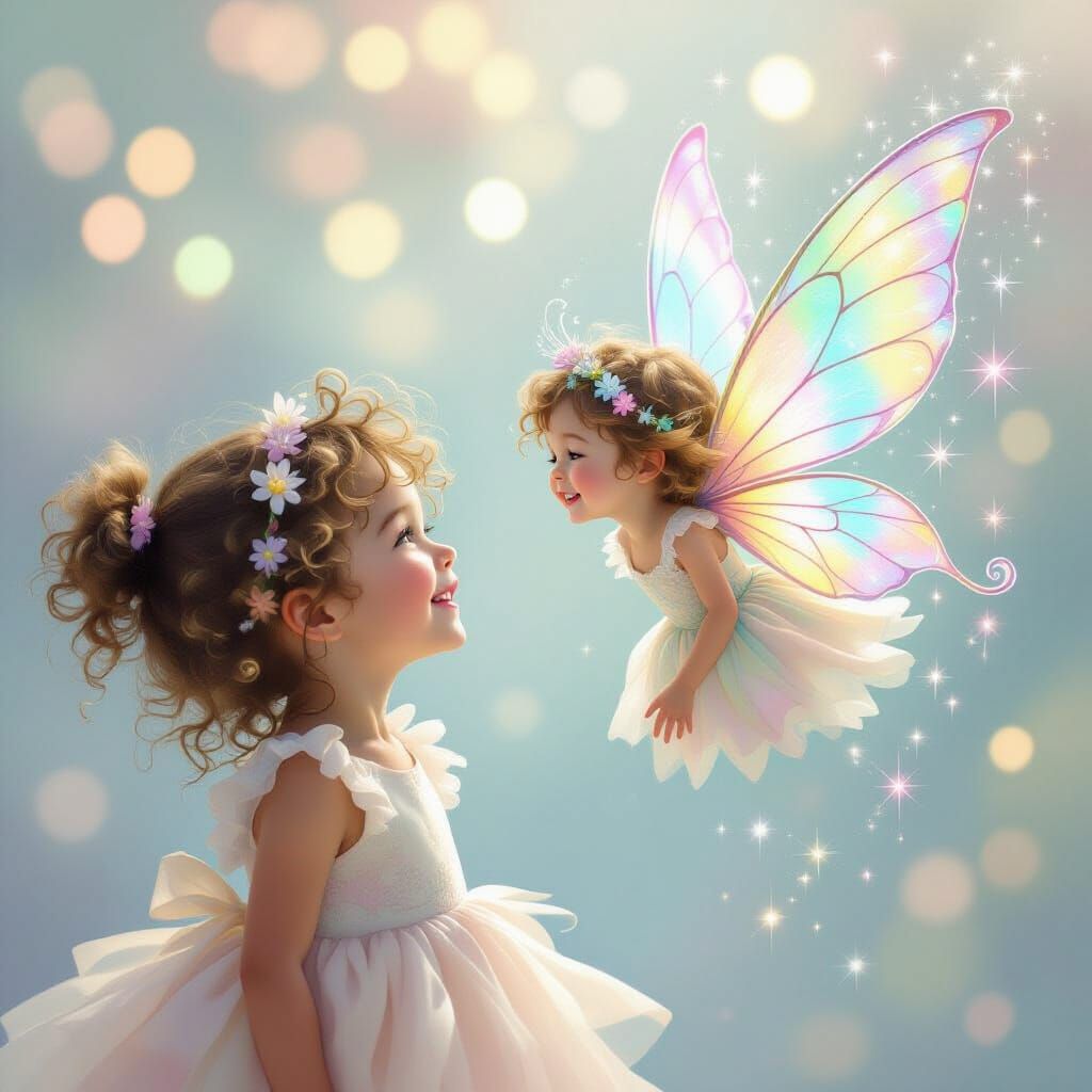 Joyful Girl Gazing at Radiant Fairy in Dreamy Pastel Scene