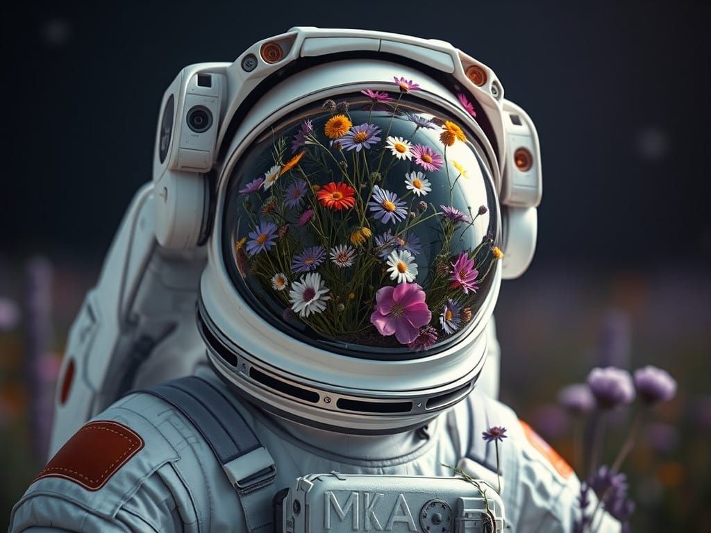 Astronaut Surrounded by Vibrant Wildflowers in Helmet