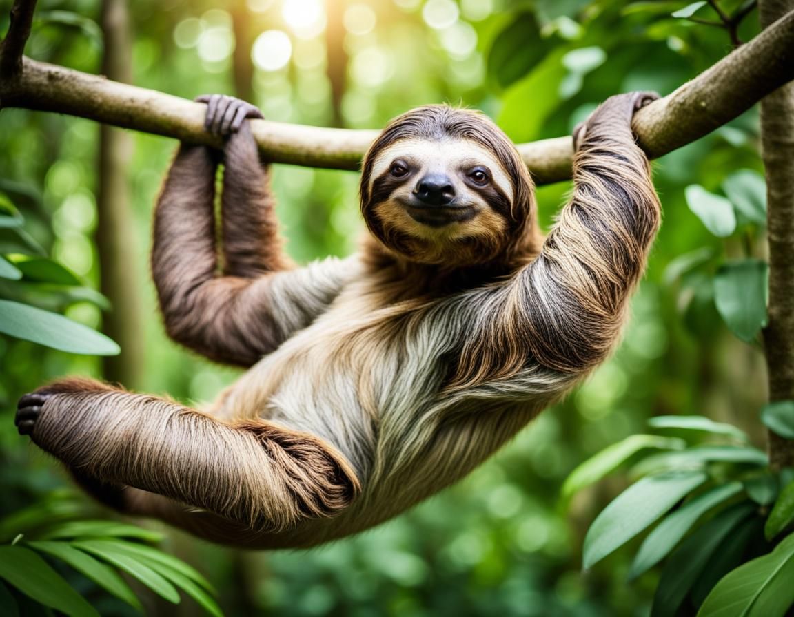 A Playful Sloth in the forest, area of it's natural habitat, hanging, swinging on a limb, crisp, sharp, focus, looking a...