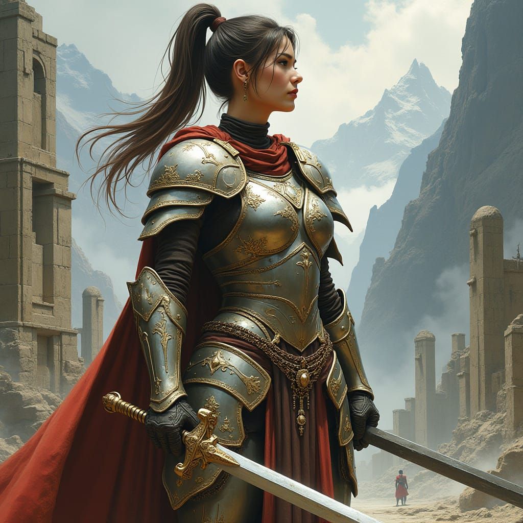 Regal Female Warrior in Ornate Armor, Sword at the Ready