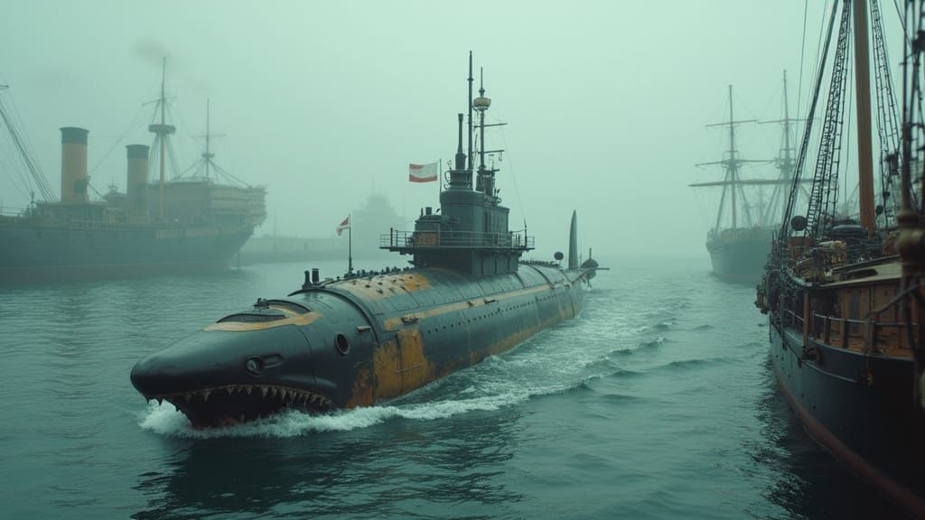 Steampunk Shark Submarine Arrives at Victorian Port
