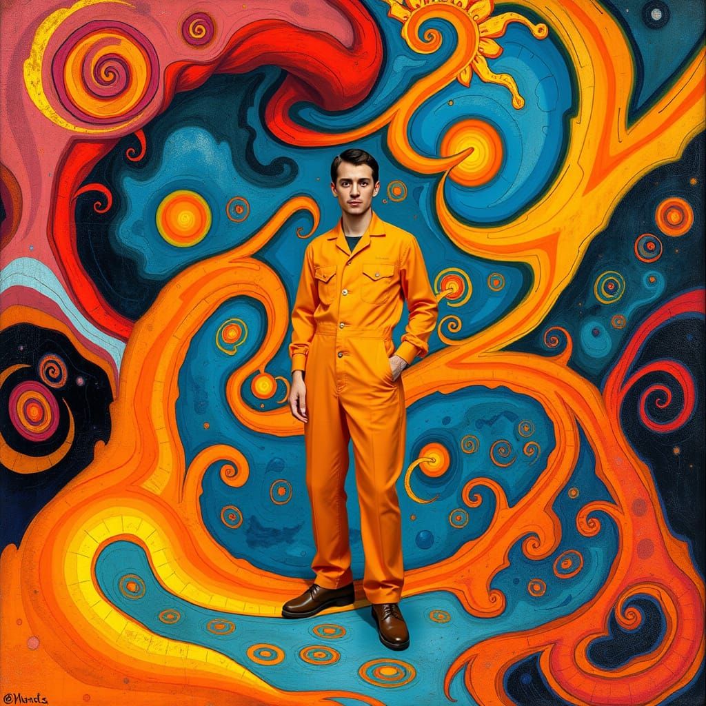 Surreal Figure in Orange Jumpsuit, Dreamlike Art