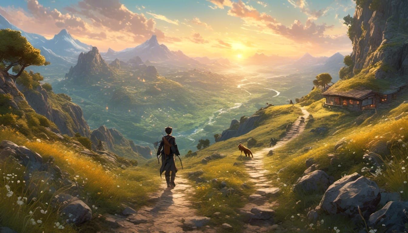 Anime Adventurer in Fantasy Landscape Oil Painting