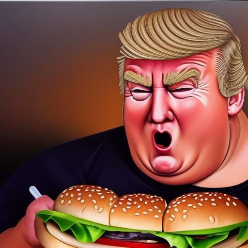 Hyperrealistic Sumo Trump Eats Burger