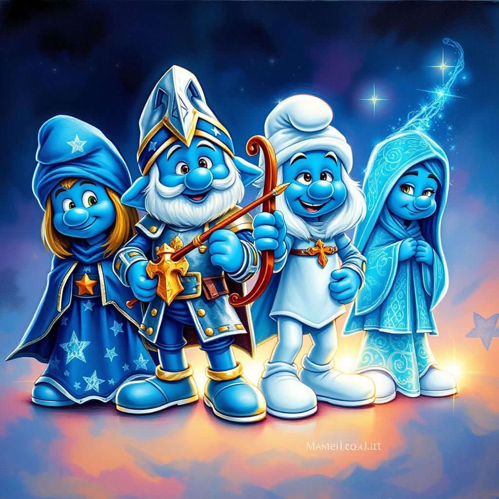 Smurfs as Mage, Knight, Archer, and Cleric in Astral Aura
