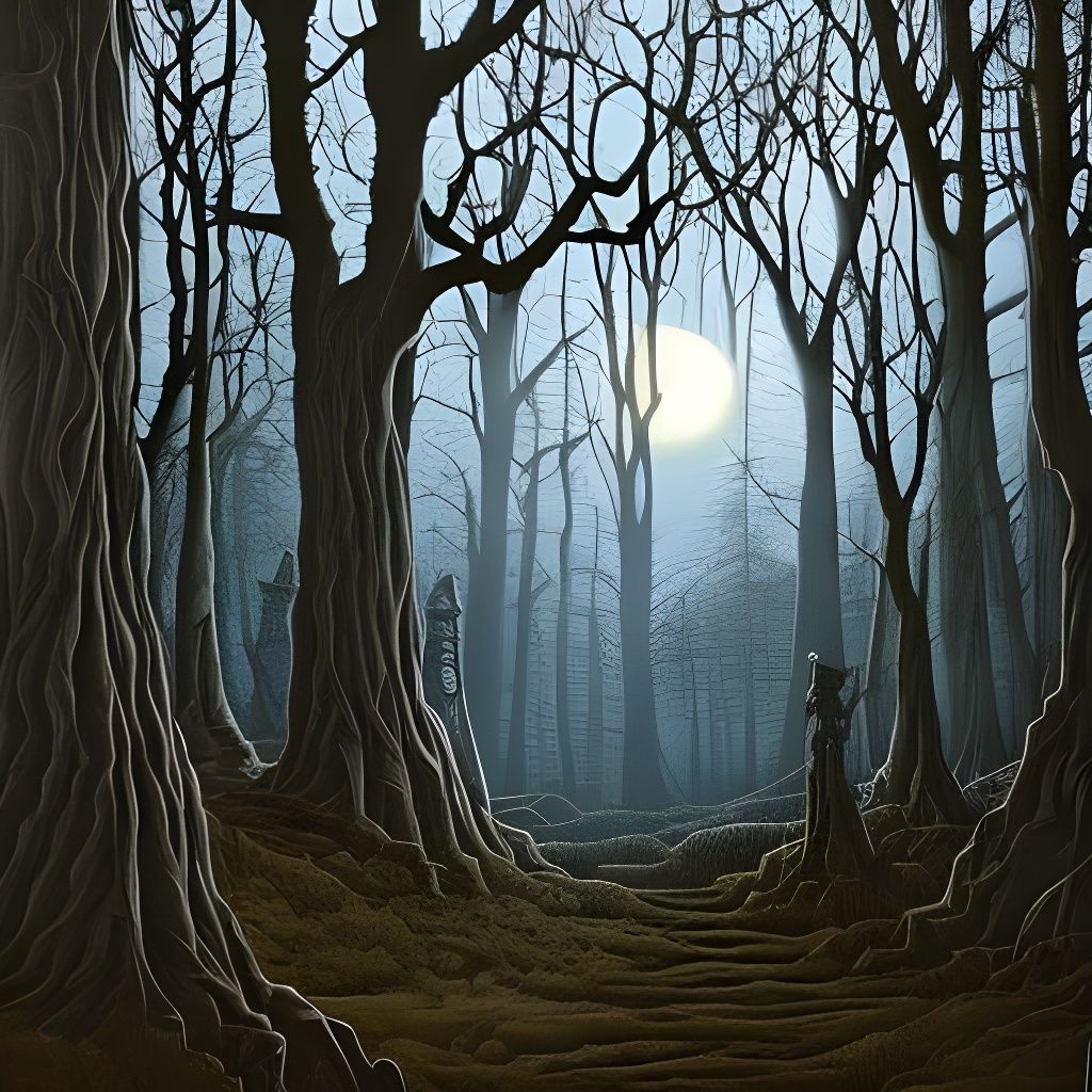Haunted Forest with Ghosts in Tim Burton Style