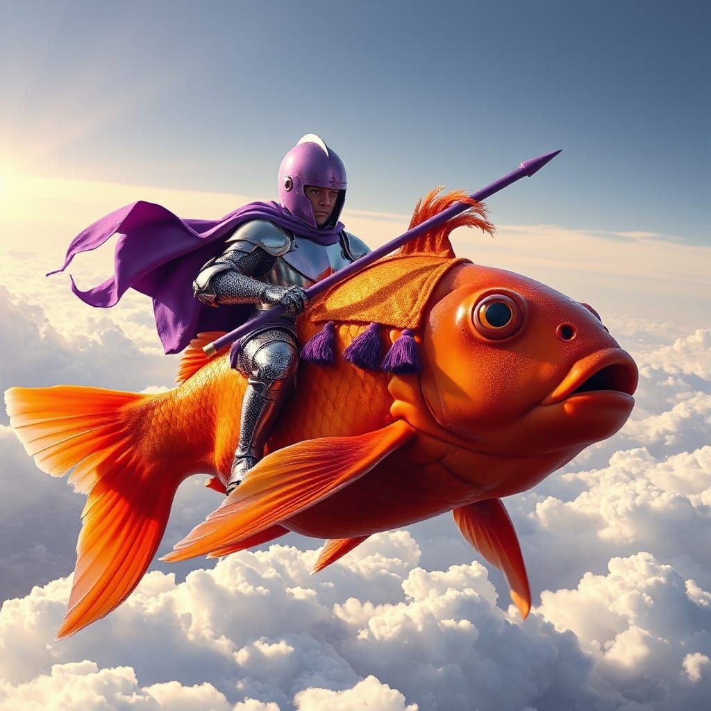 Medieval Knight Rides Majestic Orange Goldfish Through Whims...