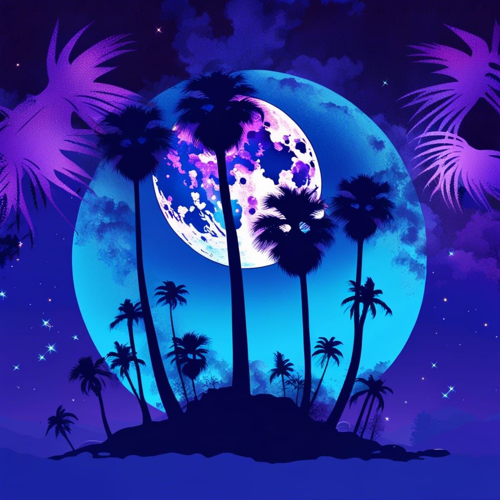 Surreal Palm Trees Silhouettes Under Moonlit Sky