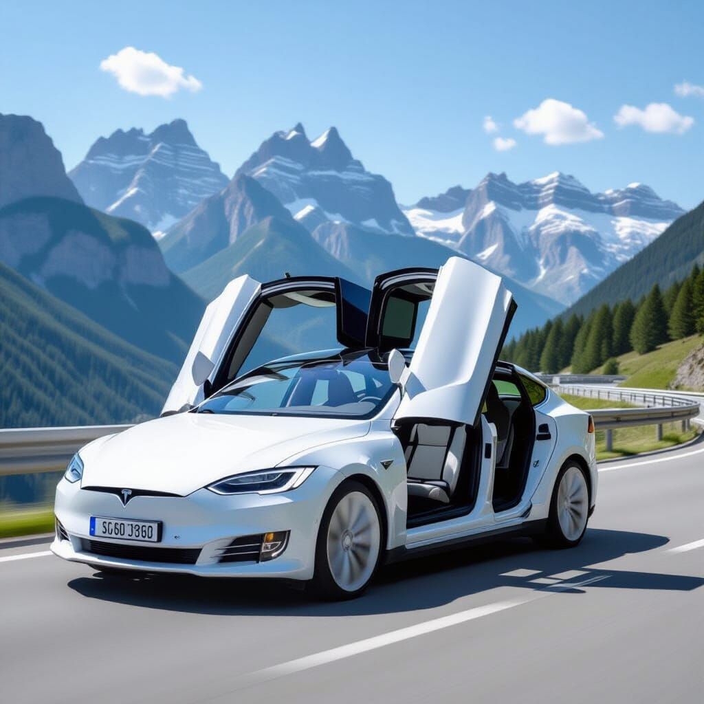 White Tesla on French Roads with Alps Backdrop