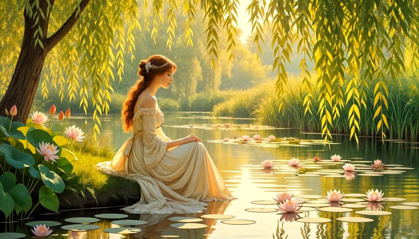 Victorian Lady by Tranquil Pond in Art Nouveau Style