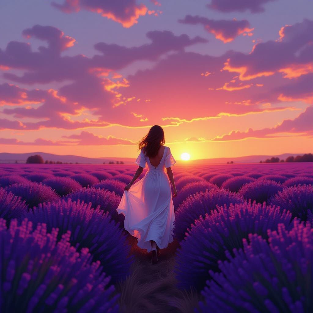 Woman Walks Through Lavender Field at Sunset