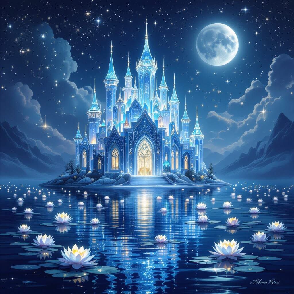 Ethereal Crystal Palace Above Starry Midnight Waters
