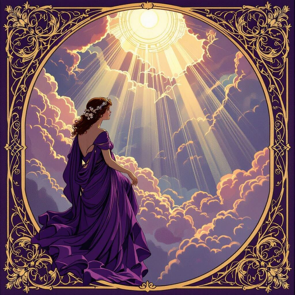 Opulent Purple Art Nouveau Landscape with Divine Sunshine