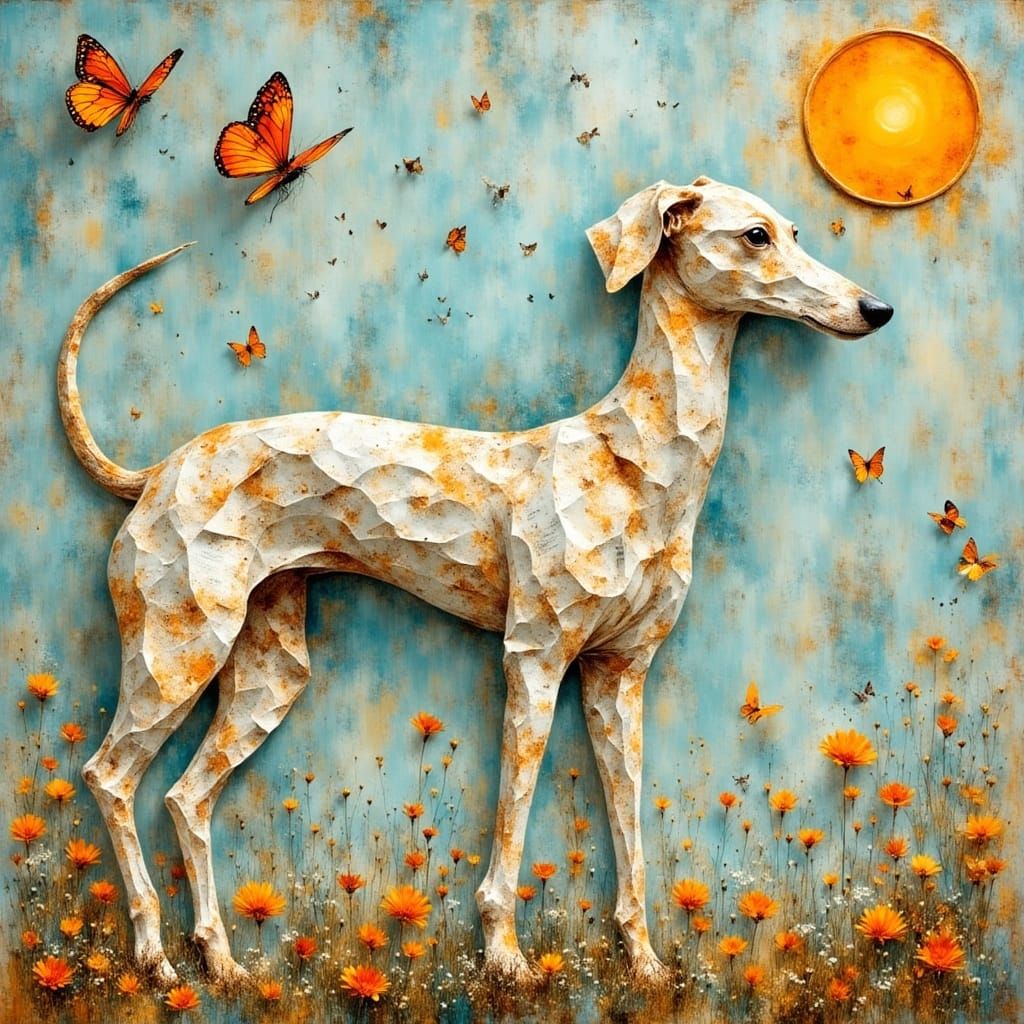 Newspaper Greyhound Dog Sculpture in Children's Book Style