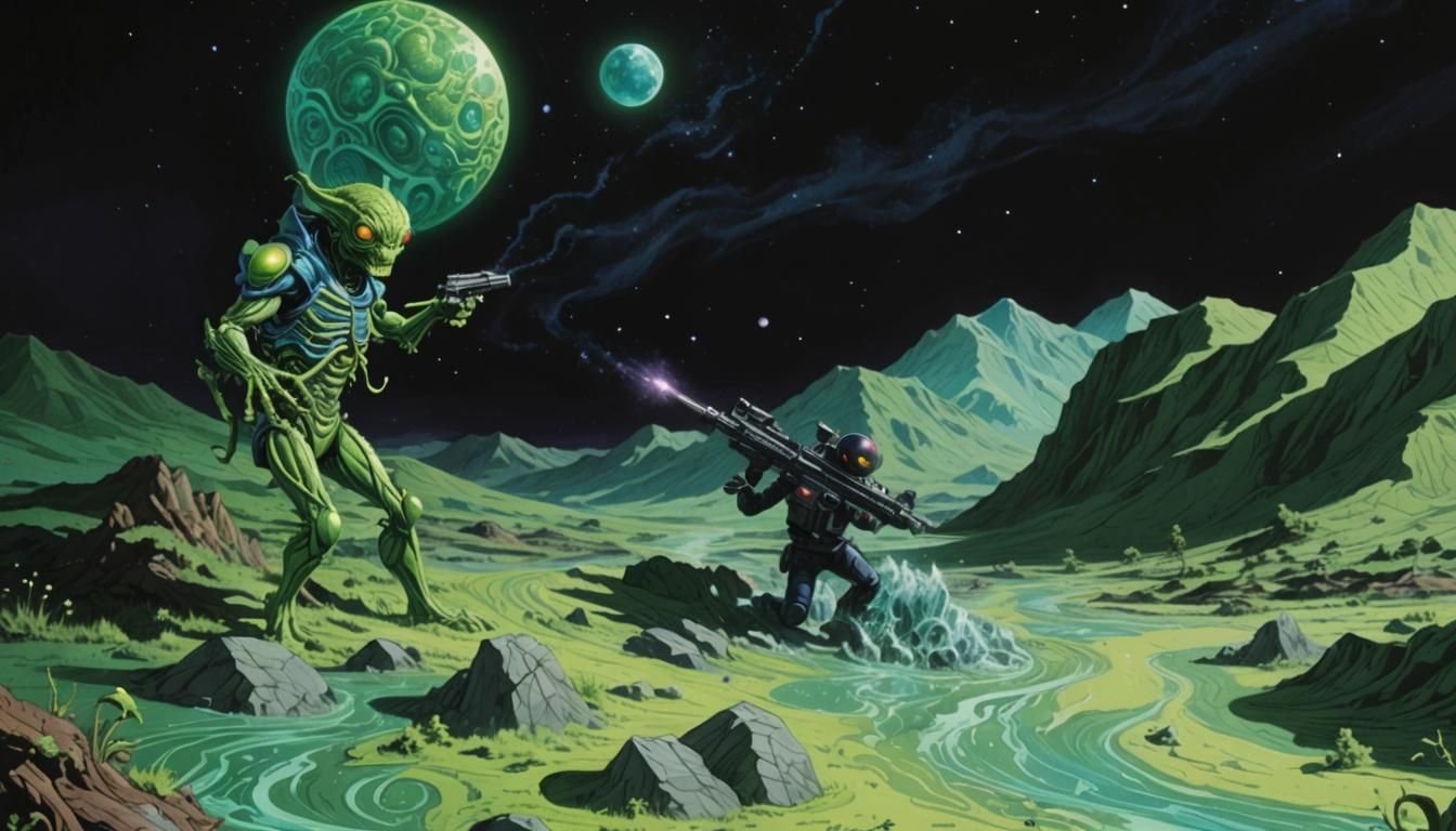 Green Alien Monster Blaster in Comic Book Art