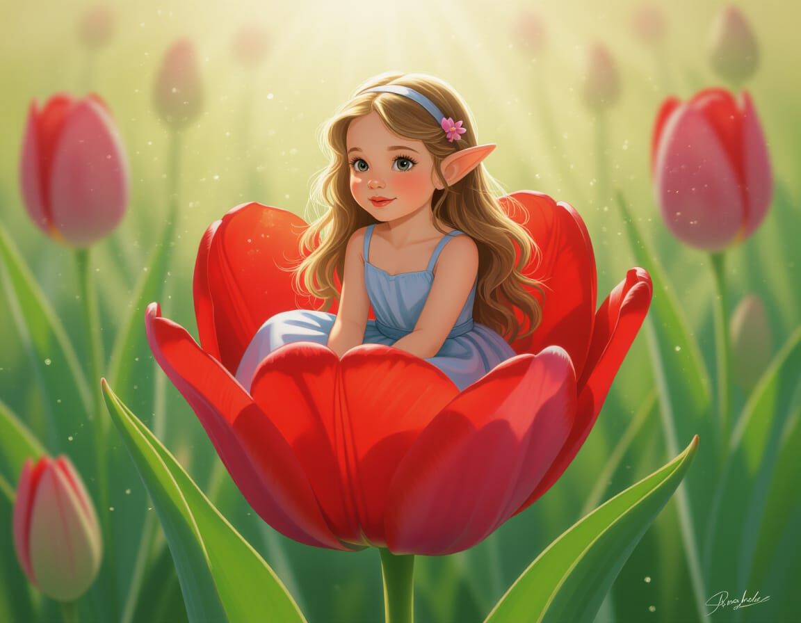 Thumbelina in Red Tulip, Quentin Blake Style