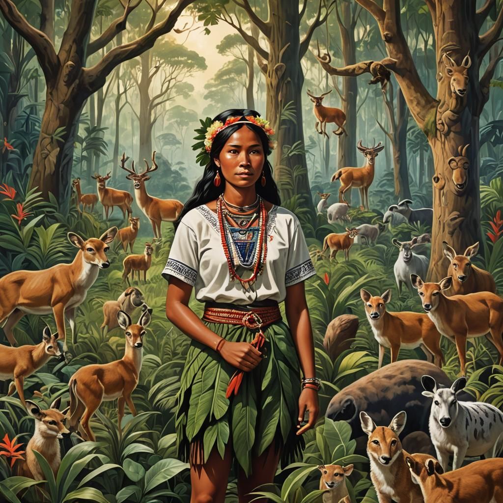 Arawak Woman in Forest with Animals