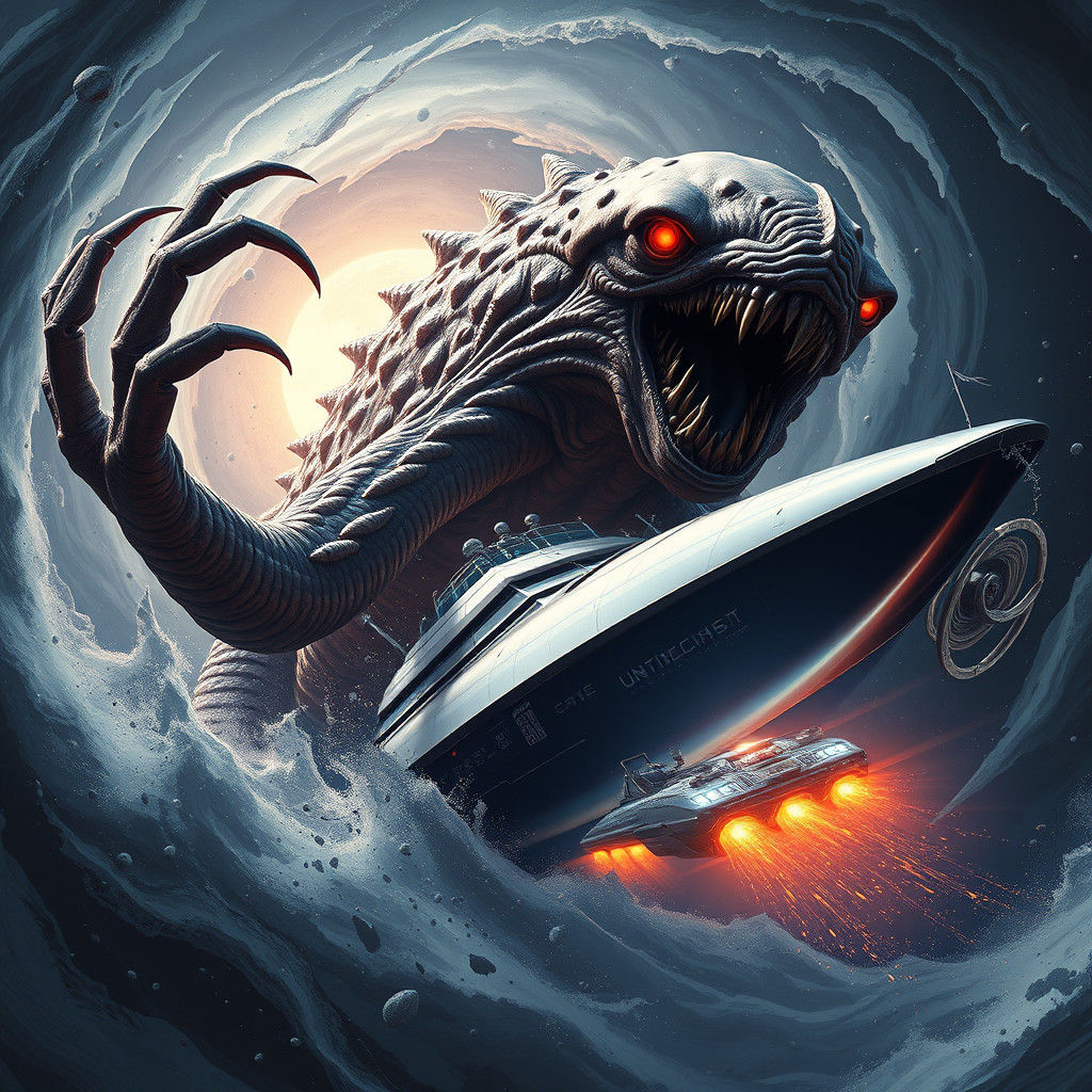 Nebula Monster Attacks Spaceship in Matte Painting Style