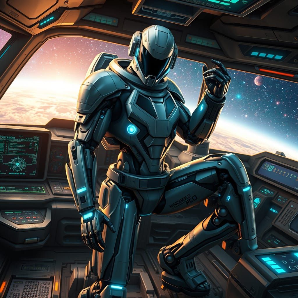 Futuristic Cyborg Pilot in Metallic Exosuit