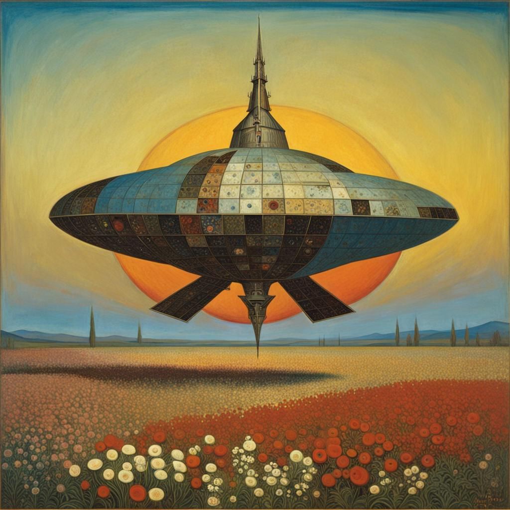 Surreal Spaceship in Flower Field, Max Ernst Style