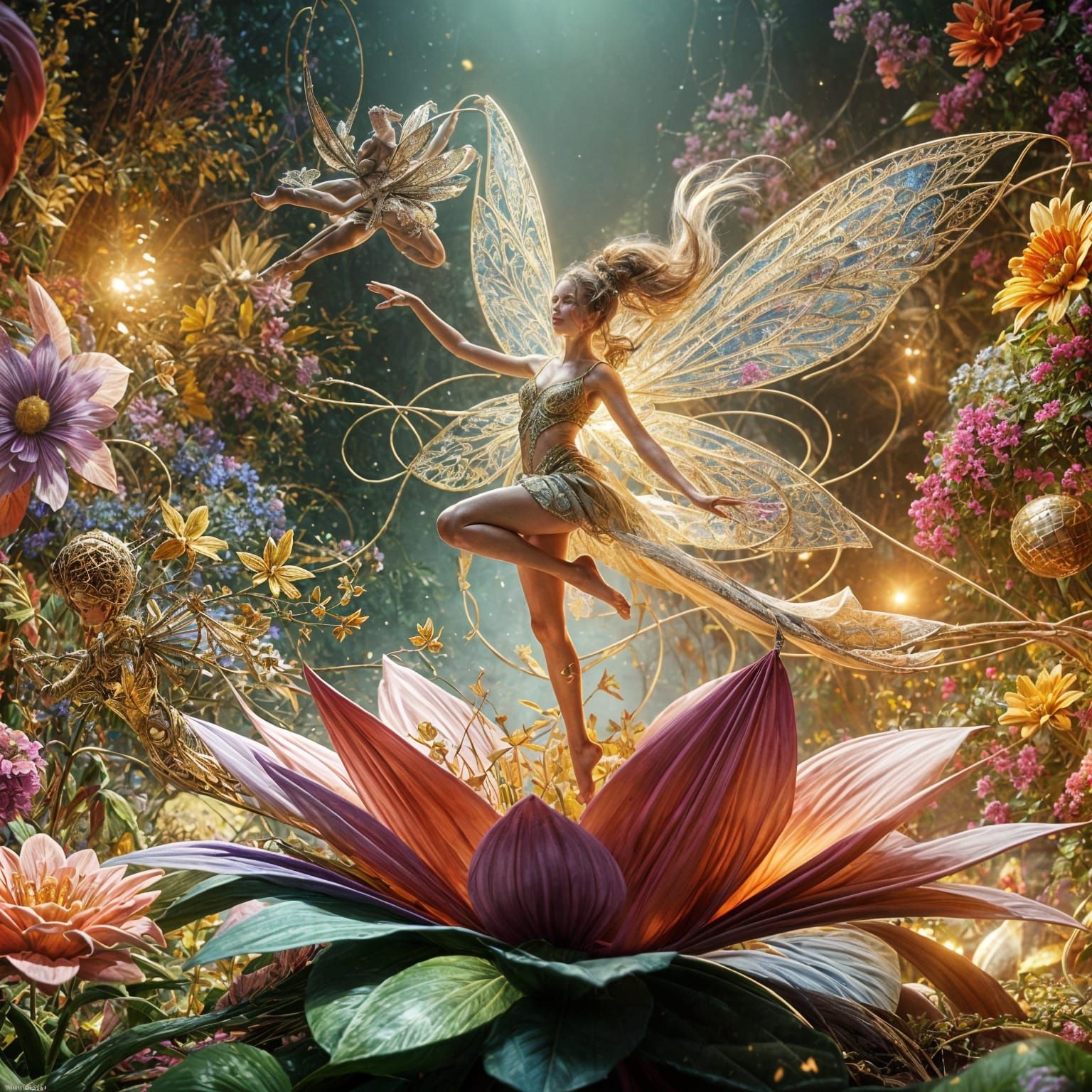 Radiant Fairy Dancing on Vibrant Flower in Photorealistic St...