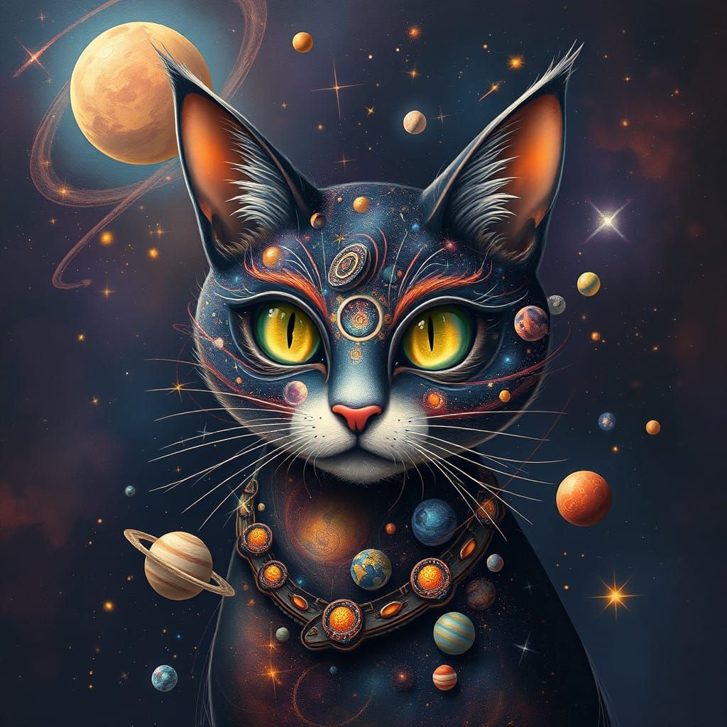 Whimsical Celestial Cat in Surrealistic Space Scene