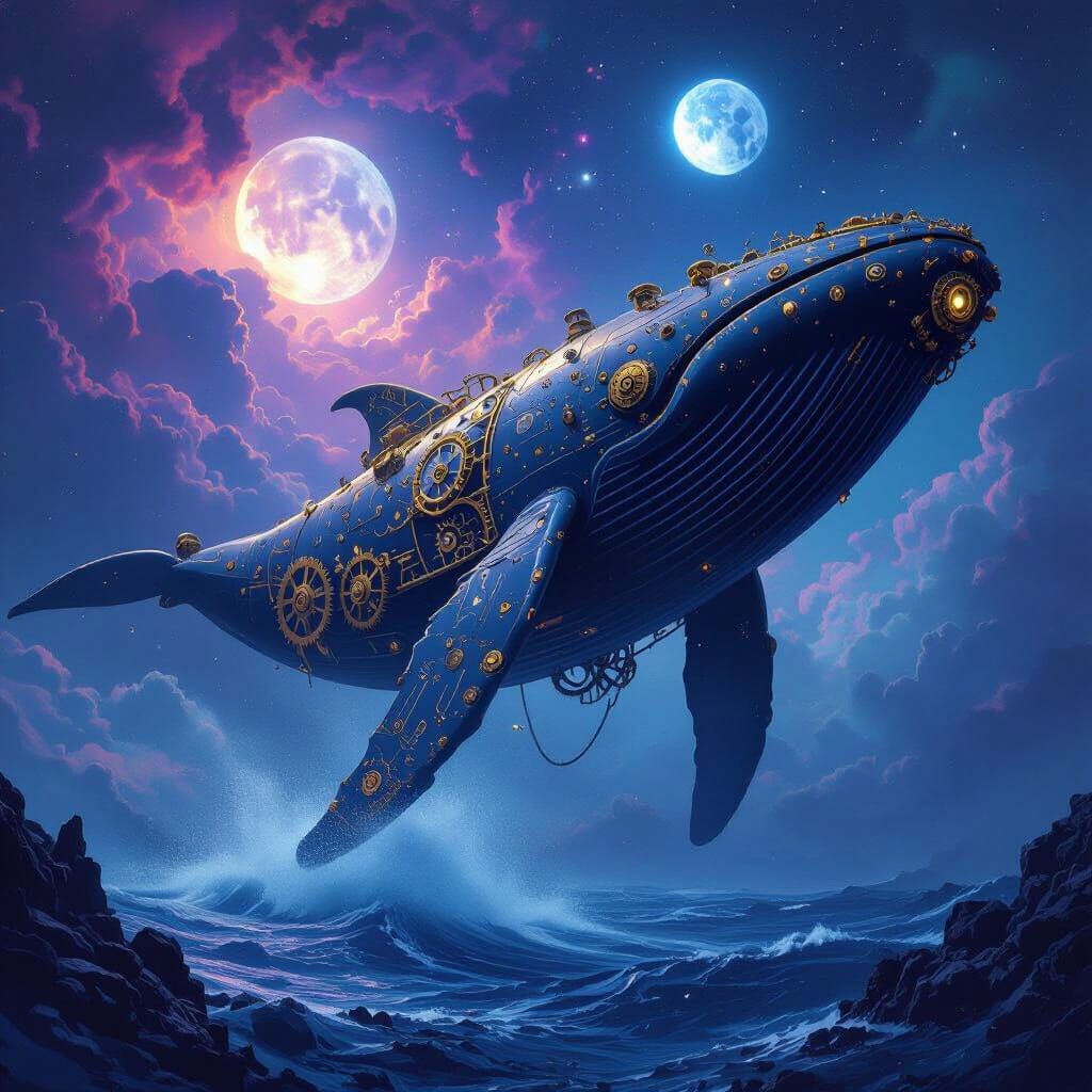 Colossal Steampunk Whale Breaching Cosmic Nebulae Sea